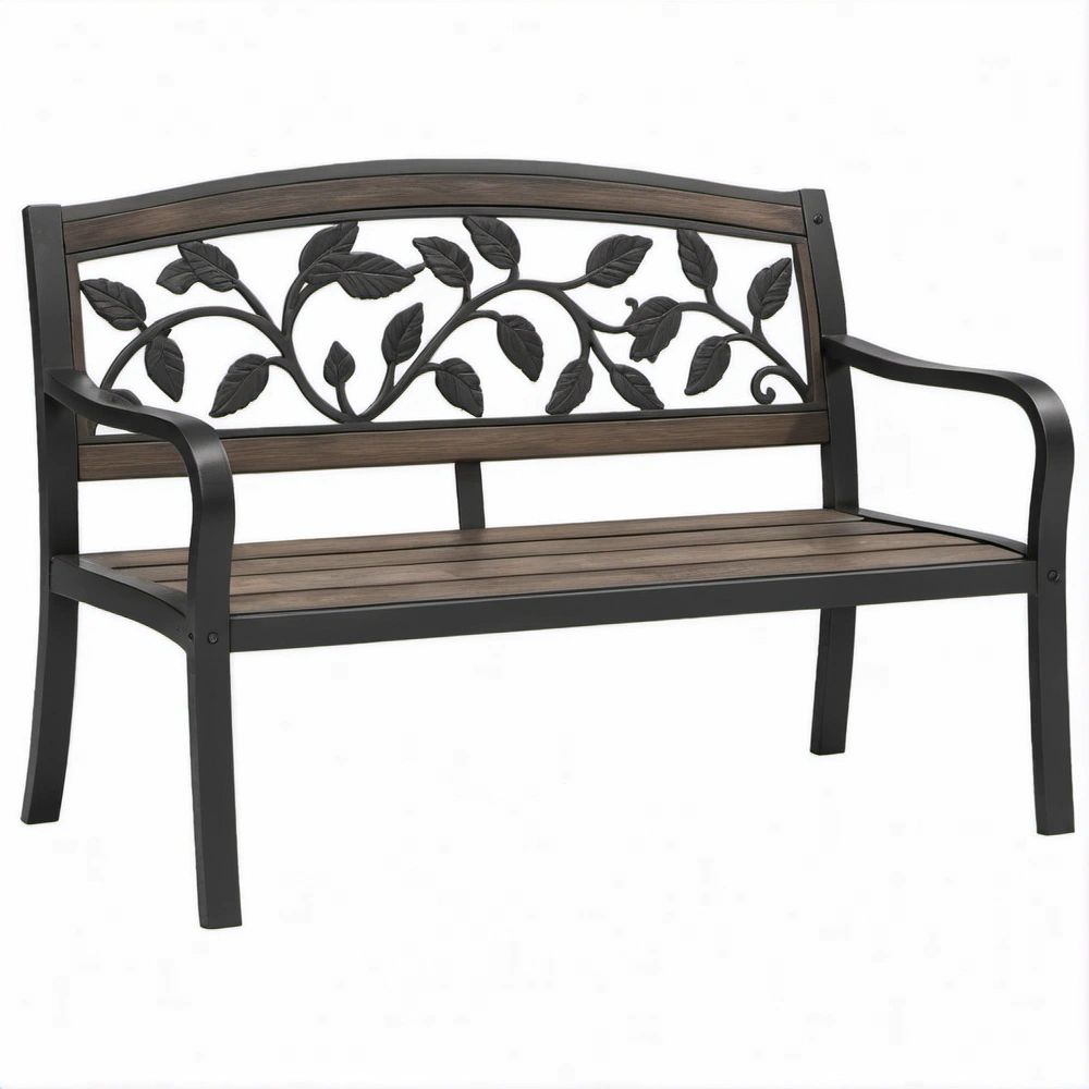 Banco de Jardim para 2 Pessoas em Aço Carbono e PS Preto e Castanho, 122 x 60 x 87 cm