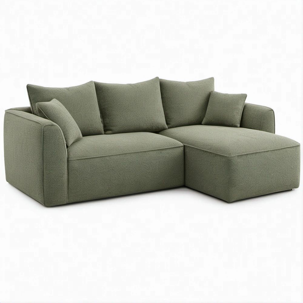 Sofá de canto com chaise longue à direita em verde-oliva, 220 x 150 x 85 cm