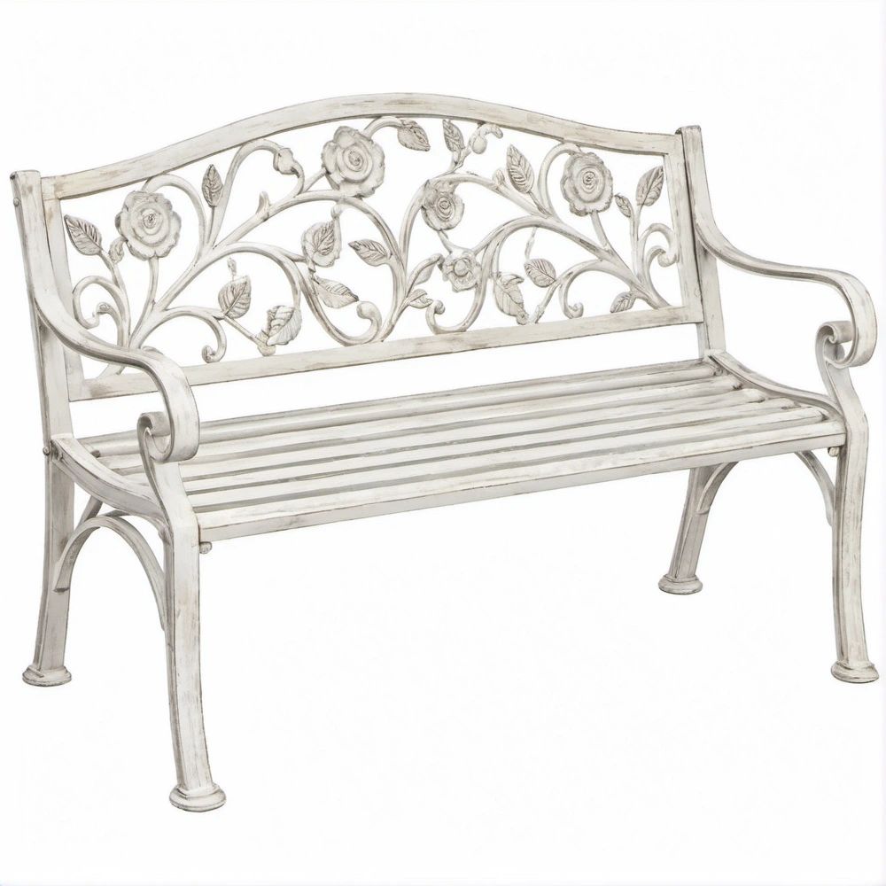 Banco de Jardim em Ferro Fundido Branco Envelhecido com Encosto Floral 125 x 56 x 91 cm