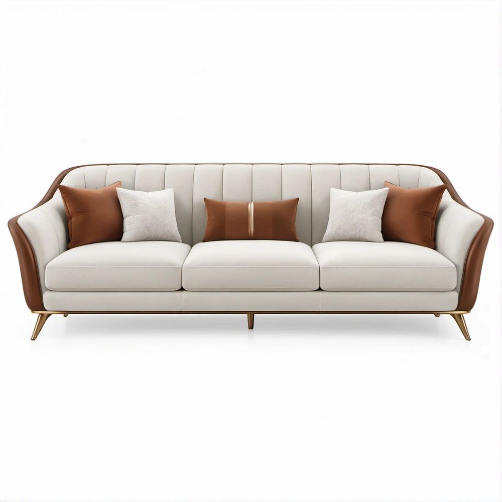 Sofá de 3 Lugares Branco, Castanho e Dourado em Poliéster e PU, 220 x 90 x 85 cm