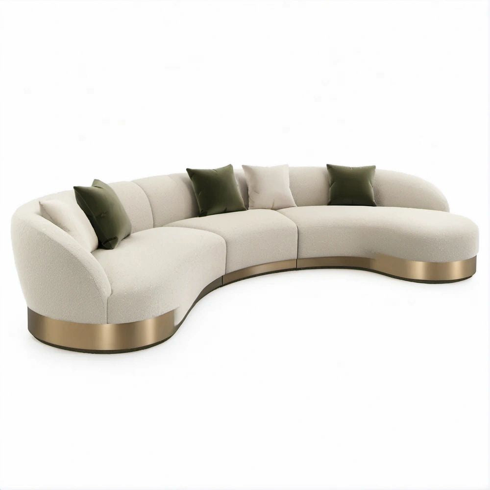 Sofá Curvo Modular de 4 Lugares em Bouclé Bege com Base Dourada, 330 x 120 x 75 cm