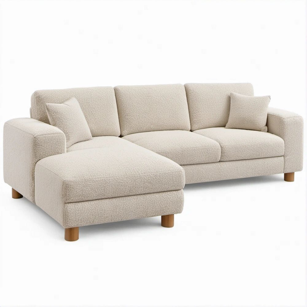Sofá com Chaise Longue Esquerda de 3 Lugares em Bouclé Creme, 260 x 160 x 85 cm